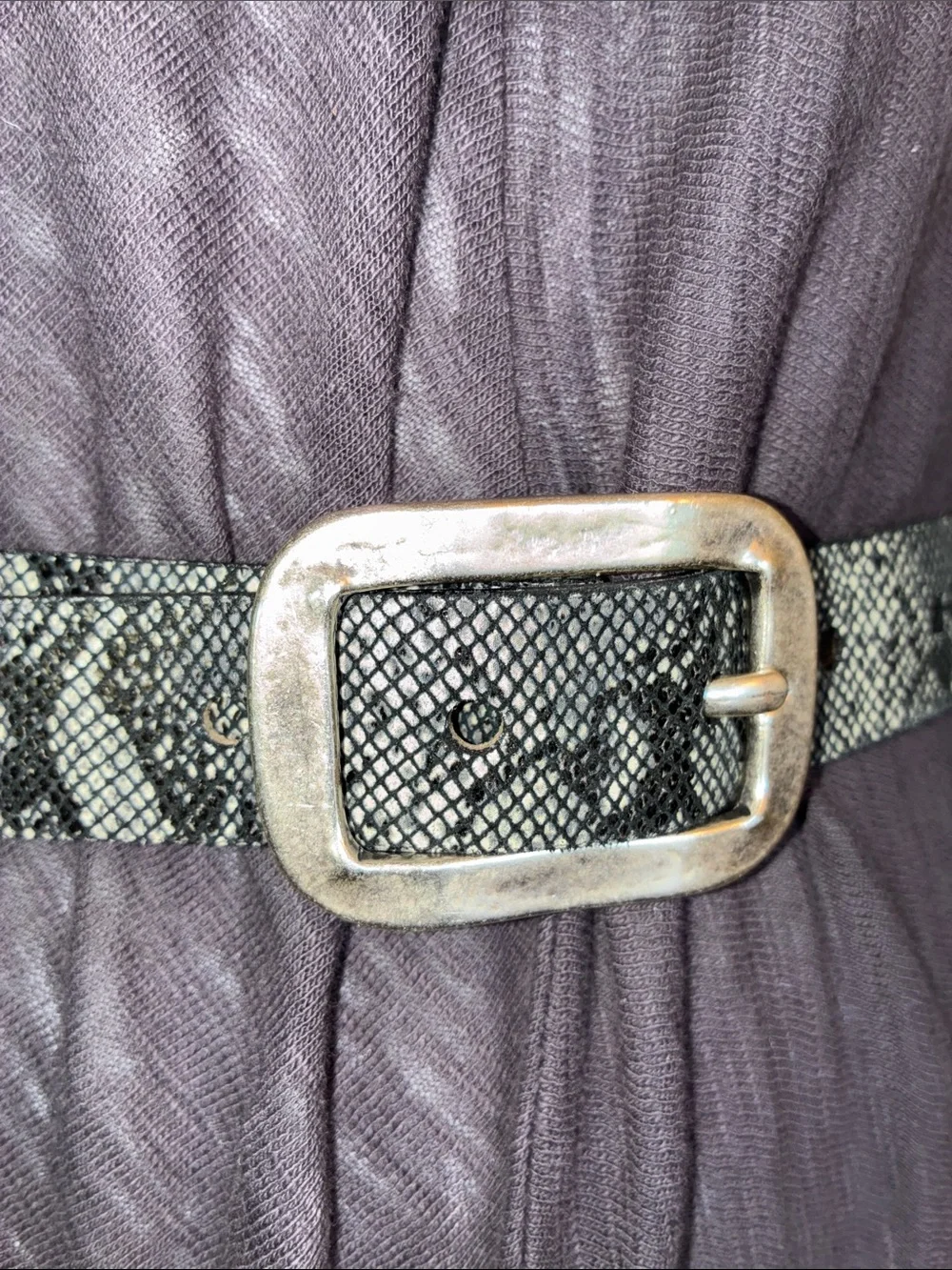 Streets Ahead belt, women's L, black and grey snake print, silver buckle. Euc